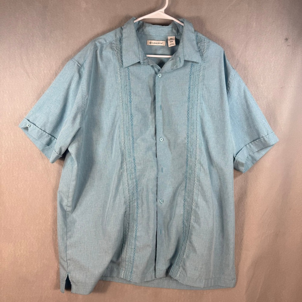 Cubavera Mens XXL Blue Embroidered Guayabera Short Sleeve Button Down Shirt